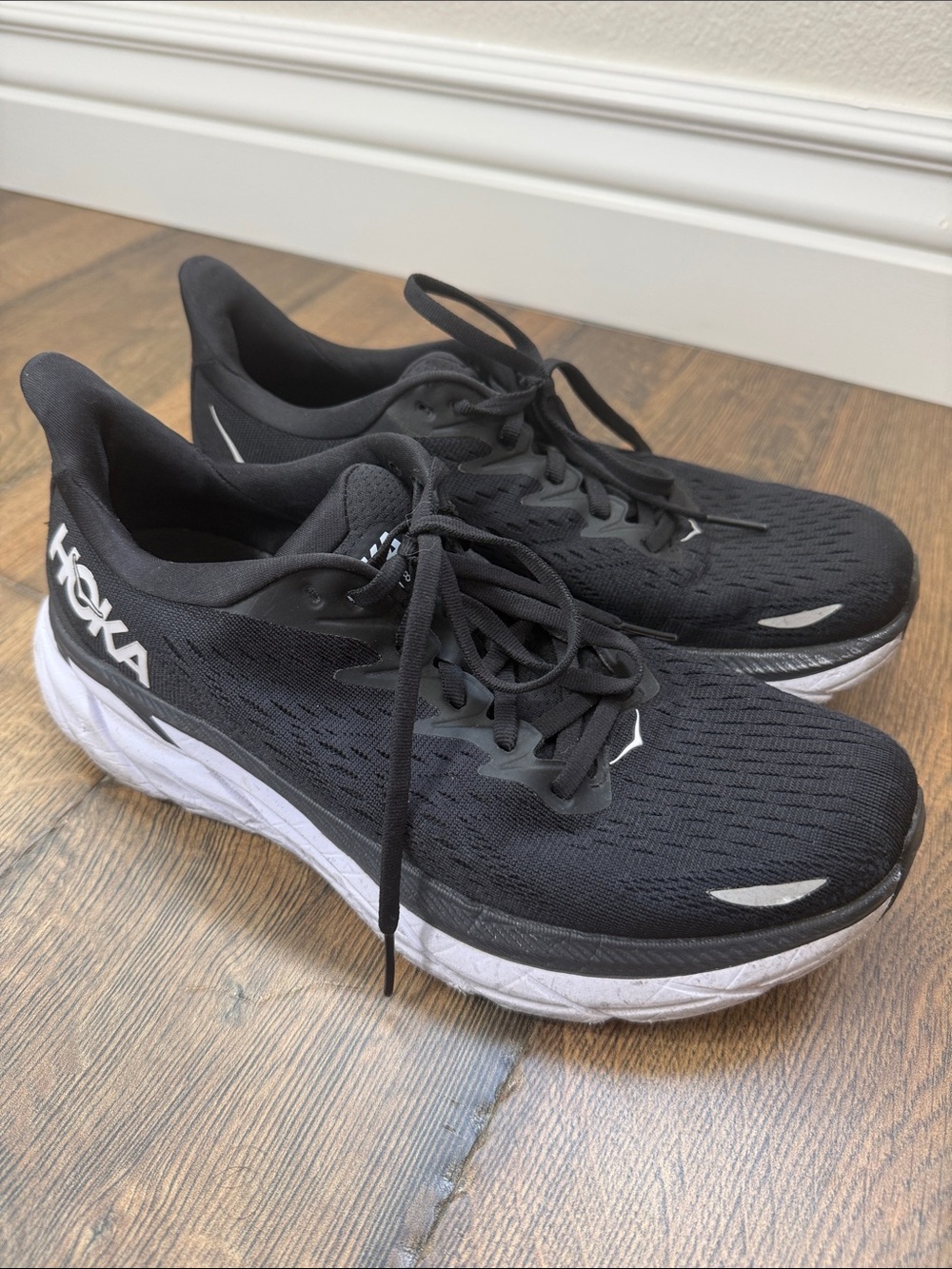 HOKA Clifton 8 Black and White Running Shoes